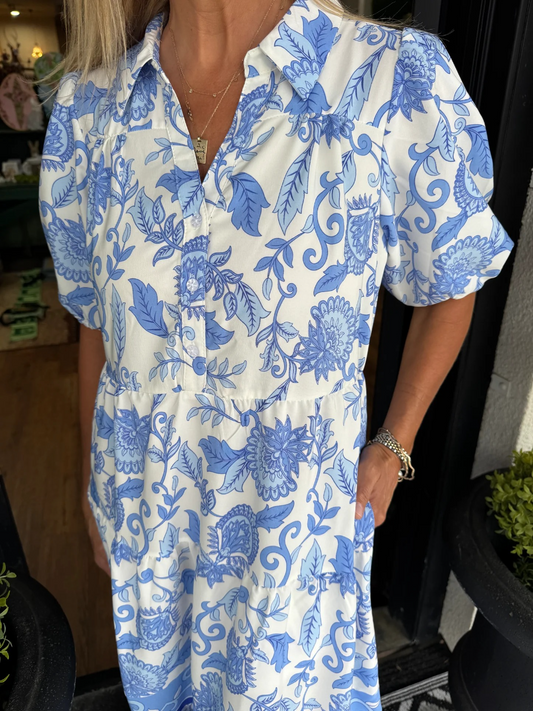 Mary Square Eloise Porcelain Vines Dress - Blue