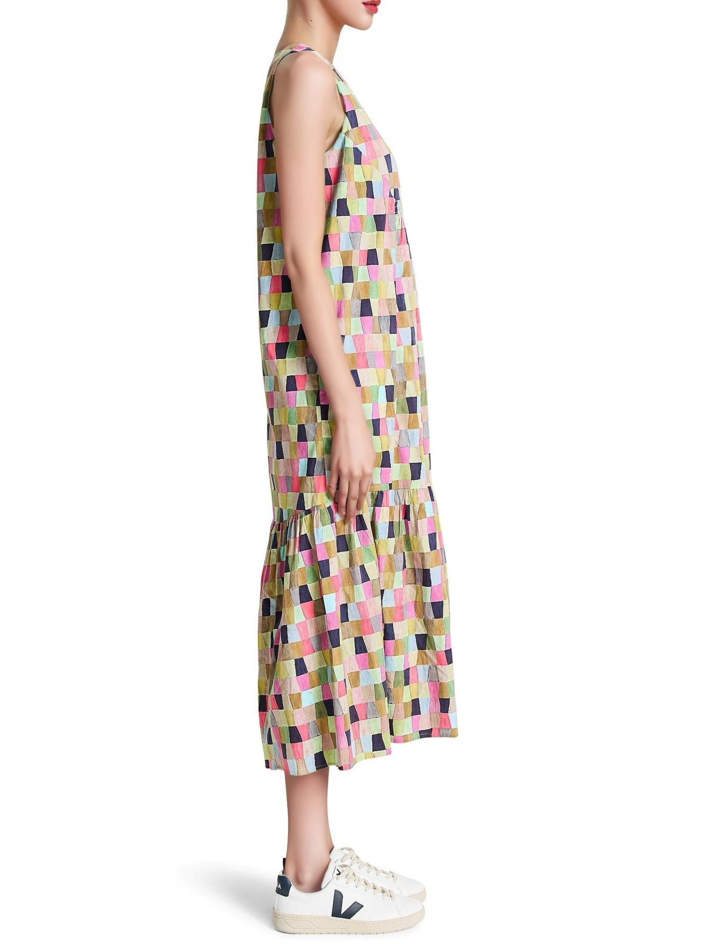 Colorfield Print Split V-Neck Sleeveless Ruffle Dress