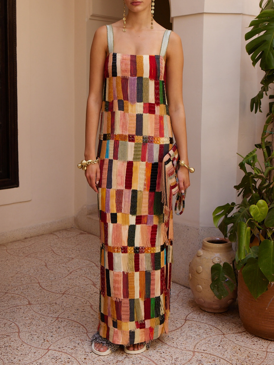 Fringed Embellished Silk Midi Dress