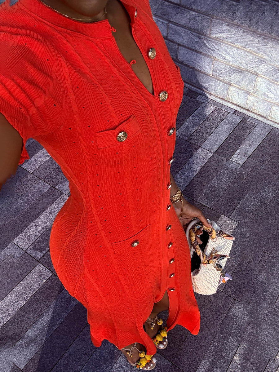 Threaded Single-breasted Knitted Dress