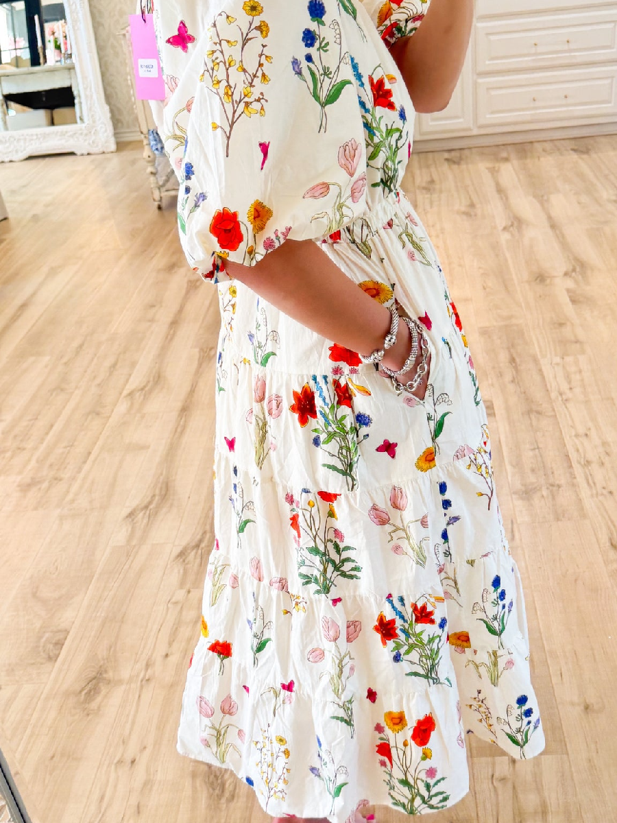 THML Cream Floral Puff Sleeve Maxi Dress