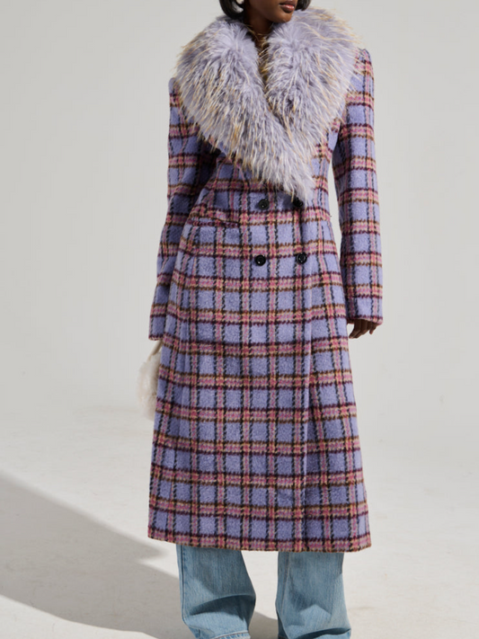 Plaid Plush Collar Long Coat
