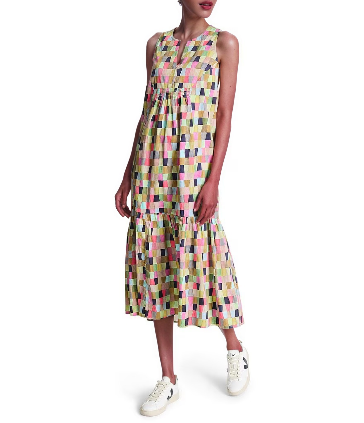 Colorfield Print Split V-Neck Sleeveless Ruffle Dress